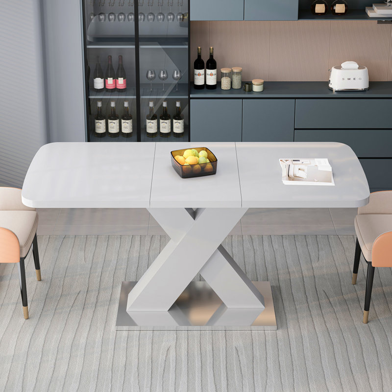 Table de salle à manger rectangulaire moderne, extensible, plateau de table blanc + pied de table en MDF en X avec base en métal