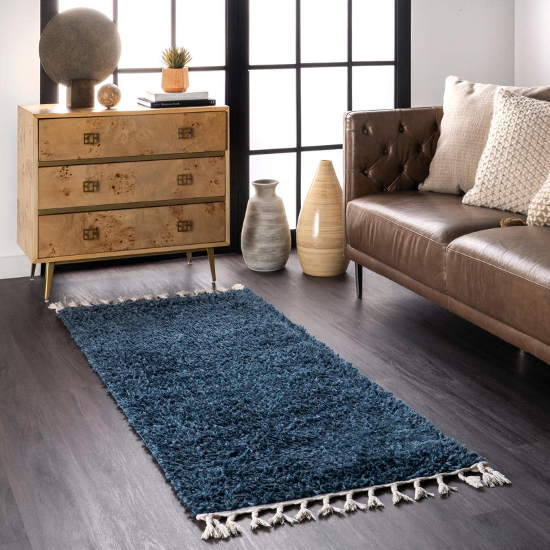 Hollier Modern Power Loom Performance Shag Tasseled Blue Rug, Runner 2' 6" x 8' 4"