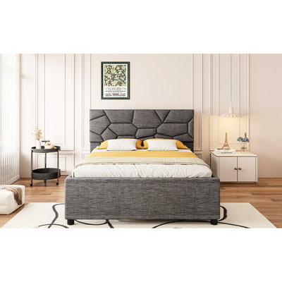 Queen Size Upholstered Platform Bed In Gray Linen, Twin Xl Trundle, Brick Pattern And Wood Design With Linen Fabric, Trundle Pattern, No Box Spring Needed