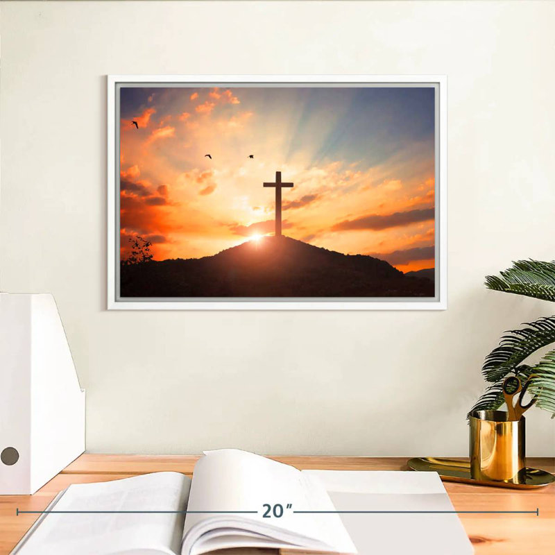 Croix au soleil couchant, Cadre flottant blanc, 13 po x 9 po