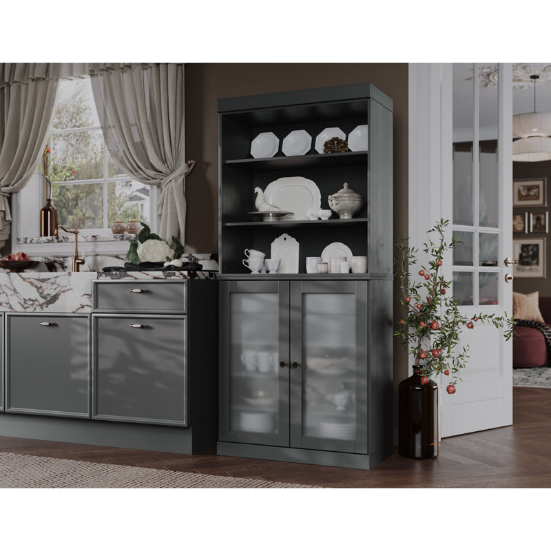 Armoire Katryn 100% bois massif avec portes en verre givré et 2 tiroirs, Gris