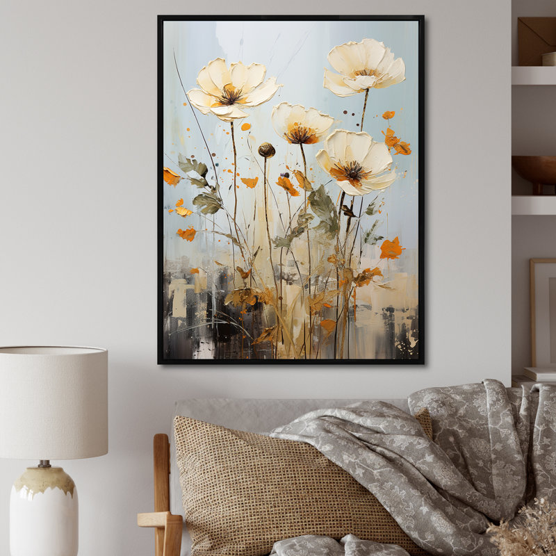 Minimalisme beige, fleurs sauvages et prairies, Cadre flottant noir, H 44 po x l 34 po