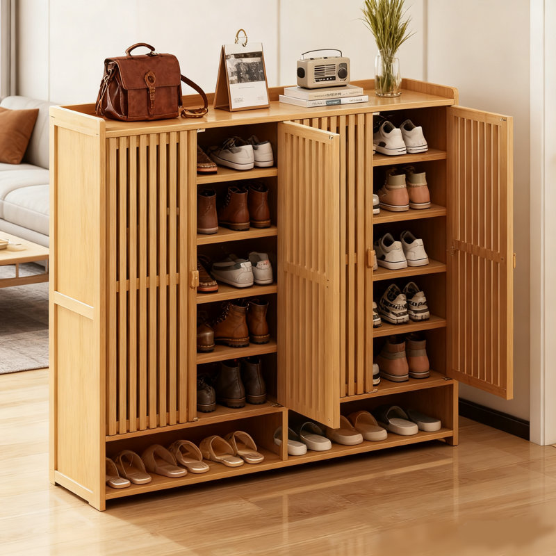 Modern 4-Door Vertical Slatted Panel Shoe Cabinet, 7-Tier Large Capacity Entryway Shoe Organizer with Open Compartment & Top Display Shelf