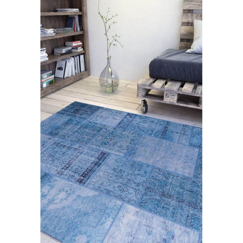 Blue Patchwork Woven Base Decorative Carpet, Rectangle 5' x 7'7"