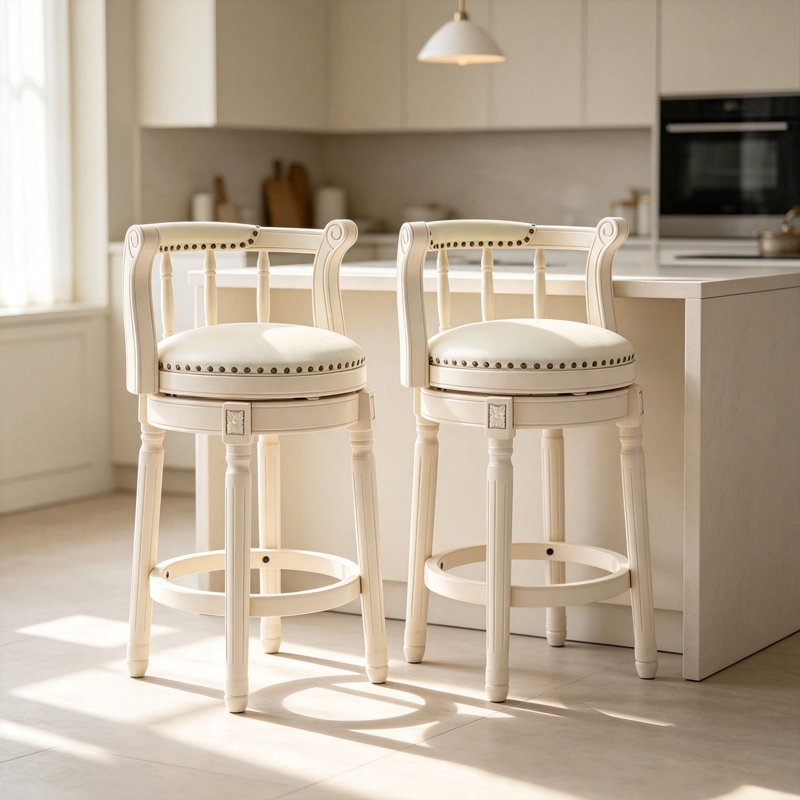 Tabouret de bar en bois massif, ensemble de 2 chaises de comptoir pivotantes en cuir ivoire avec repose-pieds pour salle à manger