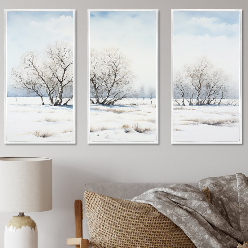 «Snow Winter Minimalisme Landscape II», ensemble d'art sur toile, H 40 po x l 60 po x P 1 po, Cadre flottant blanc