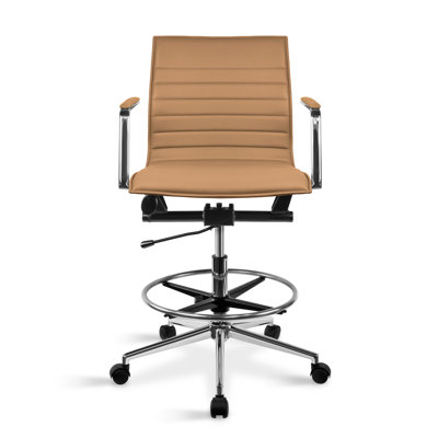Set of 2 Modern Drafting Chair | Upholstered PU Leather Ribbed Mid Back with Tall Adjustable Base & Leg Rest | Computer Armchair for Home, Executive,
