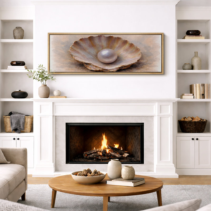 Simple huître ouverte avec perle douce, élégance côtière neutre, très grandes photos, impression sur toile encadrée, Naturel