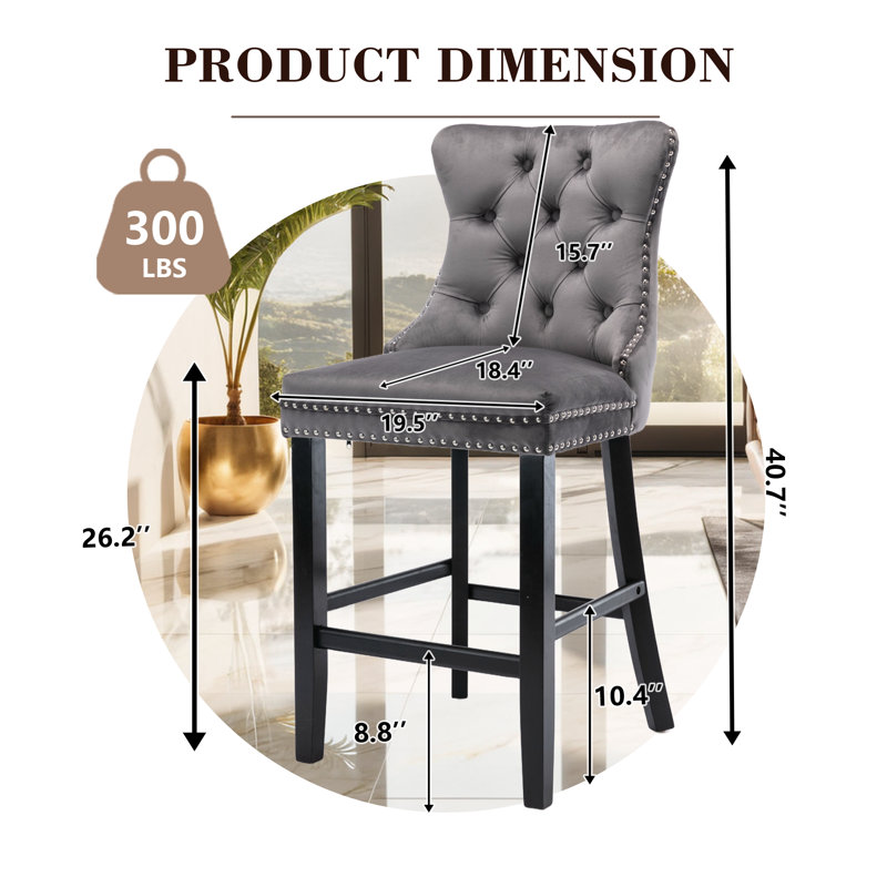  Tabourets de bar à hauteur de comptoir en velours pour îlot de cuisine (ensemble de 2), Gris, Noir