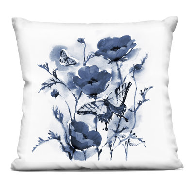 Indigo Poppies & Butterflies Decorative Printed Throw Pillow design by Paul Brent