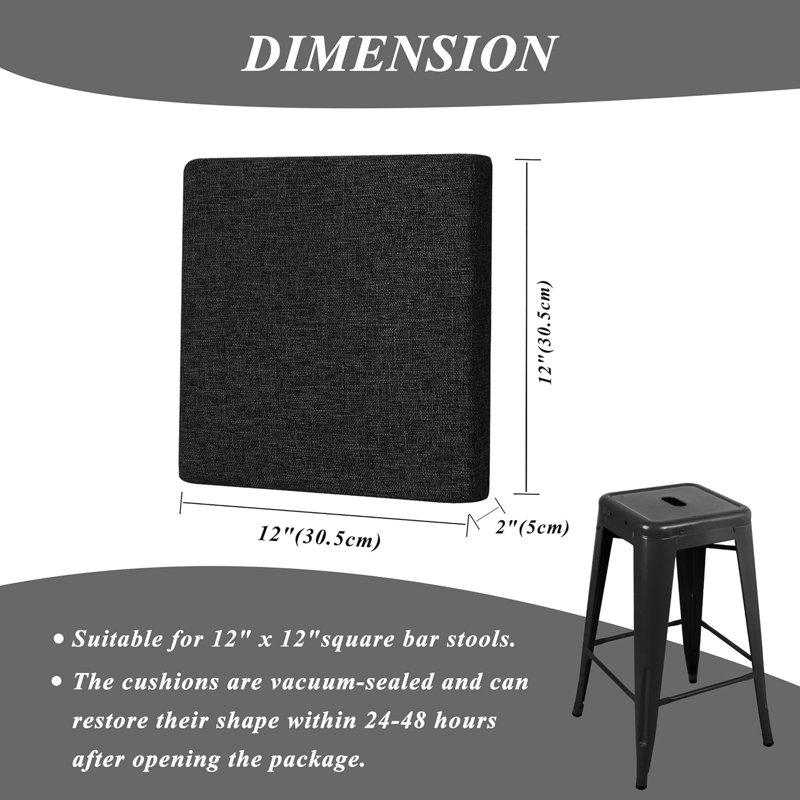Set of 2 Square Bar Stool Cushions Linen-Like Polyester with Non-Slip Bottom & Buckle Straps