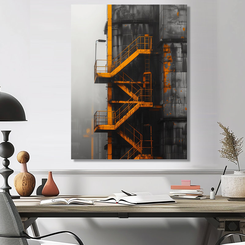 Jaune jaune gris, usine photo II - usines, art mural, salon, Toile encadrée noire simple, H 32 po x l 24 po x P 1 po