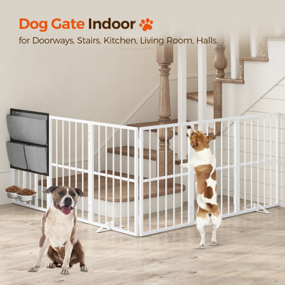 6-panel Foldable Dog Fence Pet Gates With Dog Bowls And Oxford Fabric Storage Bag