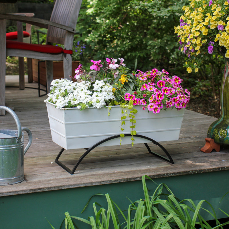 Medium White Galvanized Steel Flower Box with Stand