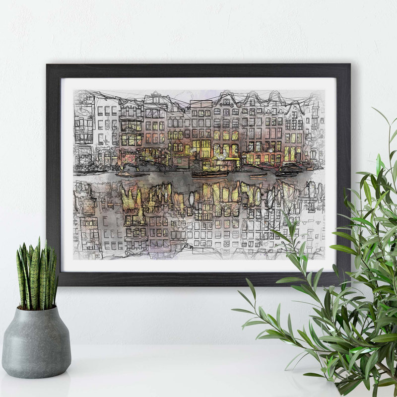 Amsterdam at Night - Framed Print, 45cm H x 63cm W x 2cm D, Black