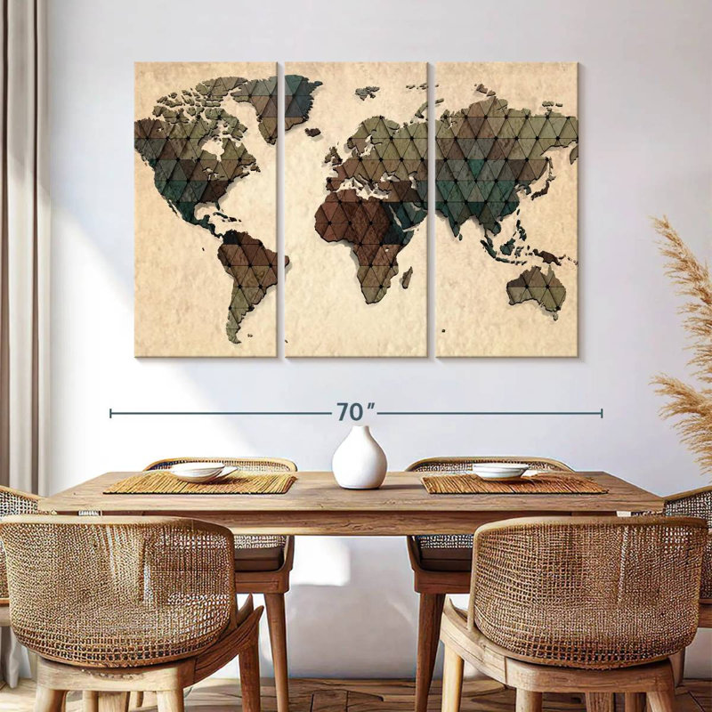 Carte du monde unique sur 3 pièces, H 42 po x l 65 po x P 1,25 po