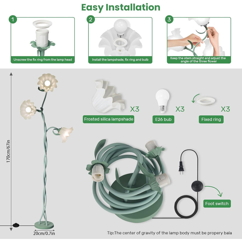 Vintage 3 Heads Flower Floor Lamp for Living Room,3 Color Modes LED Modern Corner Standing Lamp, Green