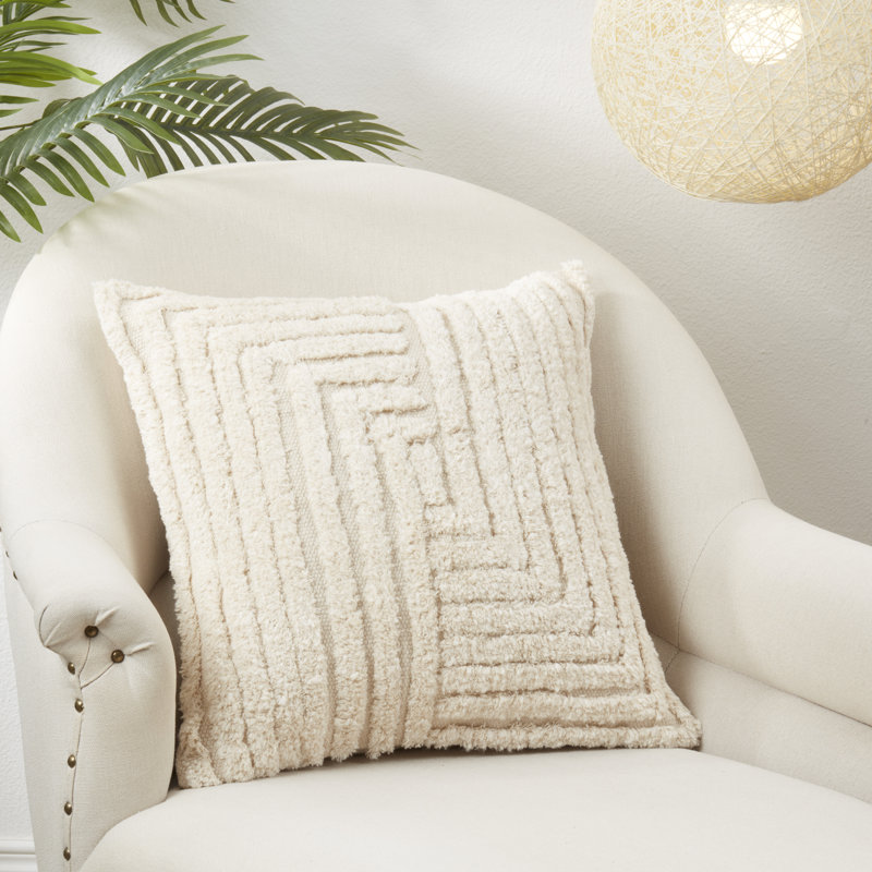 Beige Cotton Tufted Geometric Throw Pillow Cover, 20"x20"