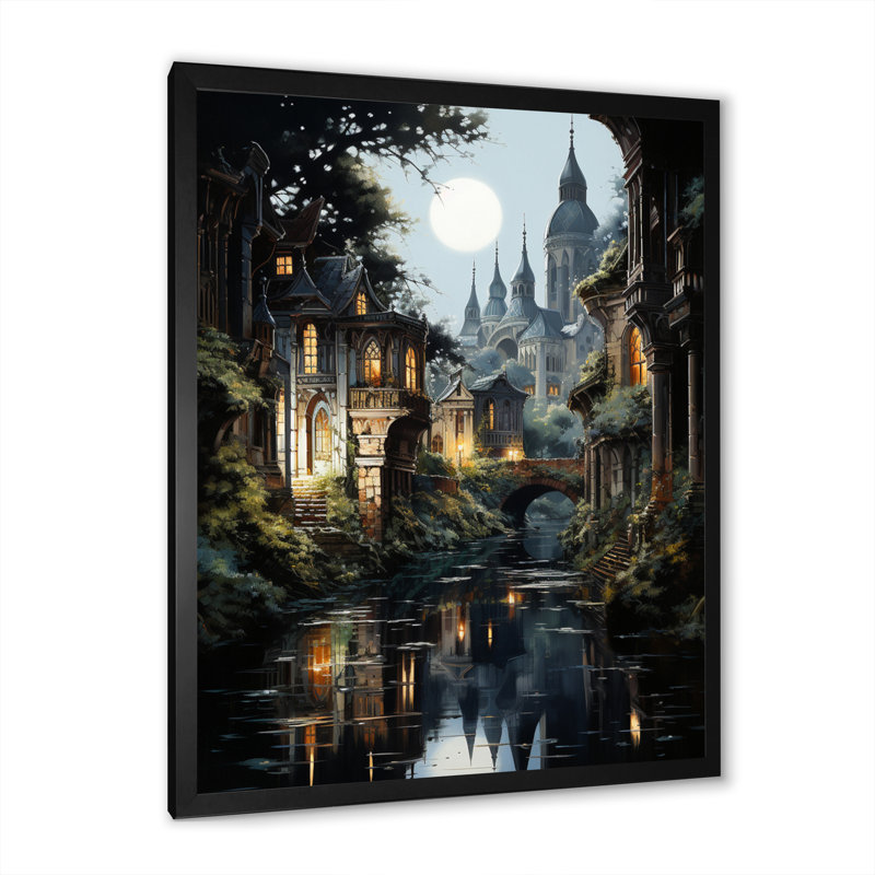 "Gray Canal", art mural sur toile Cityscapes, Cadre photo noir, H 20 po x l 12 po x P 1 po