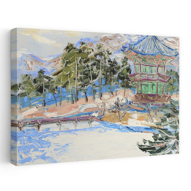 Reproduction d'art contemporain enneigé pavillon coréen enneigé, H 40 po x l 60 po