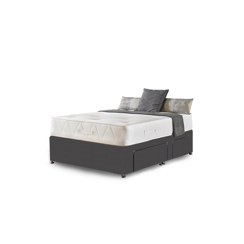 Asia Upholstered Divan Bed with Mattress, Steel Plush Velvet, 2 Drawers, Small Double