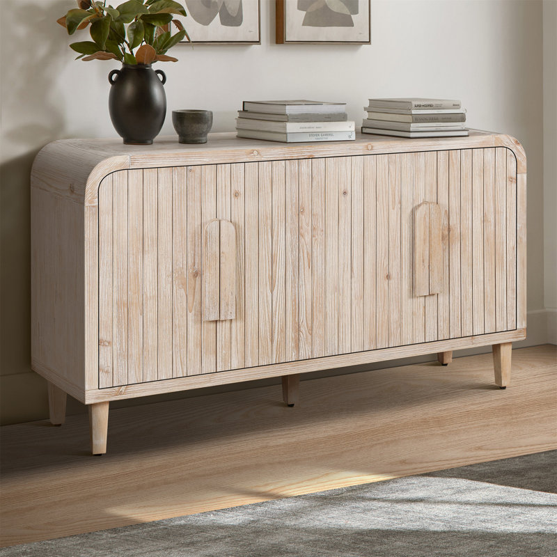 Farmhouse Curved Vintage Storage Sideboard With Large Handles, Accent Cabinet, Antique White/Natural Wood Wash