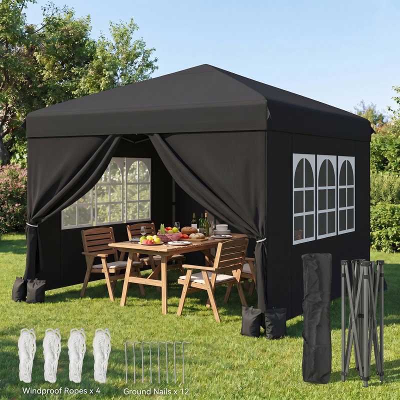 Balconera 3X3m Outdoor Pop Up Gazebo With Sides And Windows, Waterproof Folding Garden Canopy, Black