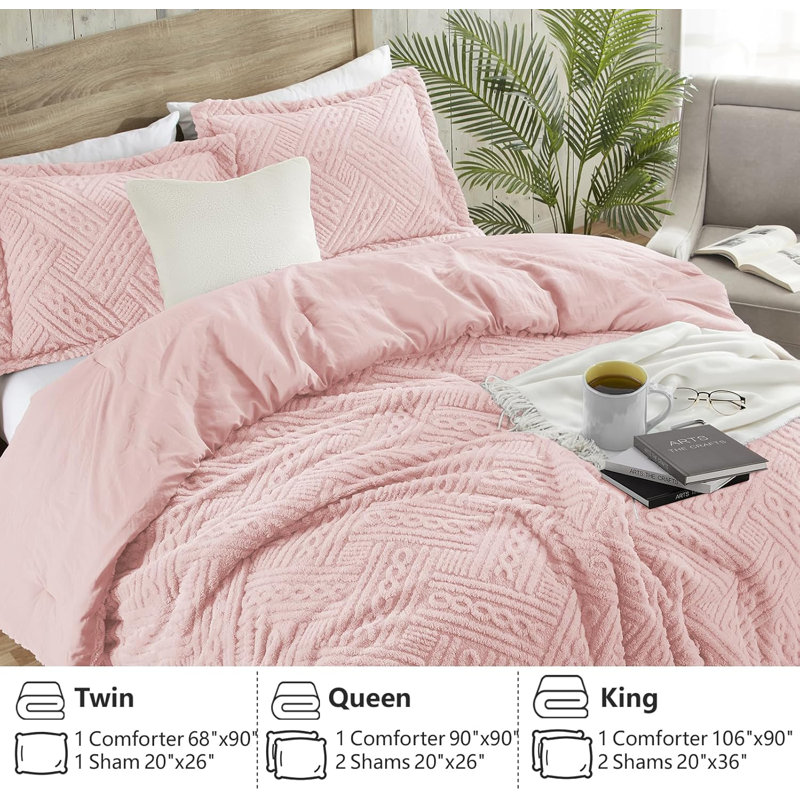 Fluffy Comforter Set, Fleece Warm Comforter Set for Winter, King Comforter + 2 King Shams, Pink