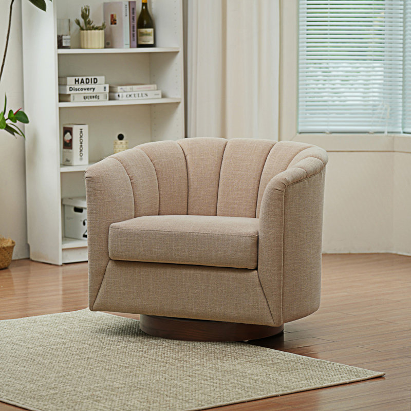 Fauteuil demi-tonneau pivotant moderne Wolle, Mélange de lin beige, Bois brun