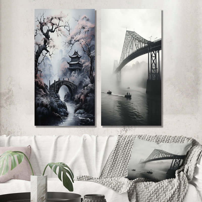 «Gray Japon Bridge In Fog», 2 pièces sur toile, Toile tendue, H 40 po x l 40 po