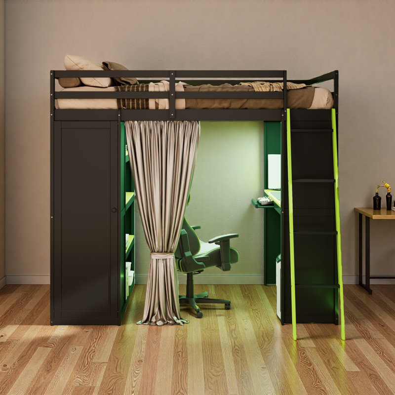 Lit mezzanine en bois pleine grandeur avec garde-robe, tablettes, rideaux occultants et lumières RVB, Noir/vert