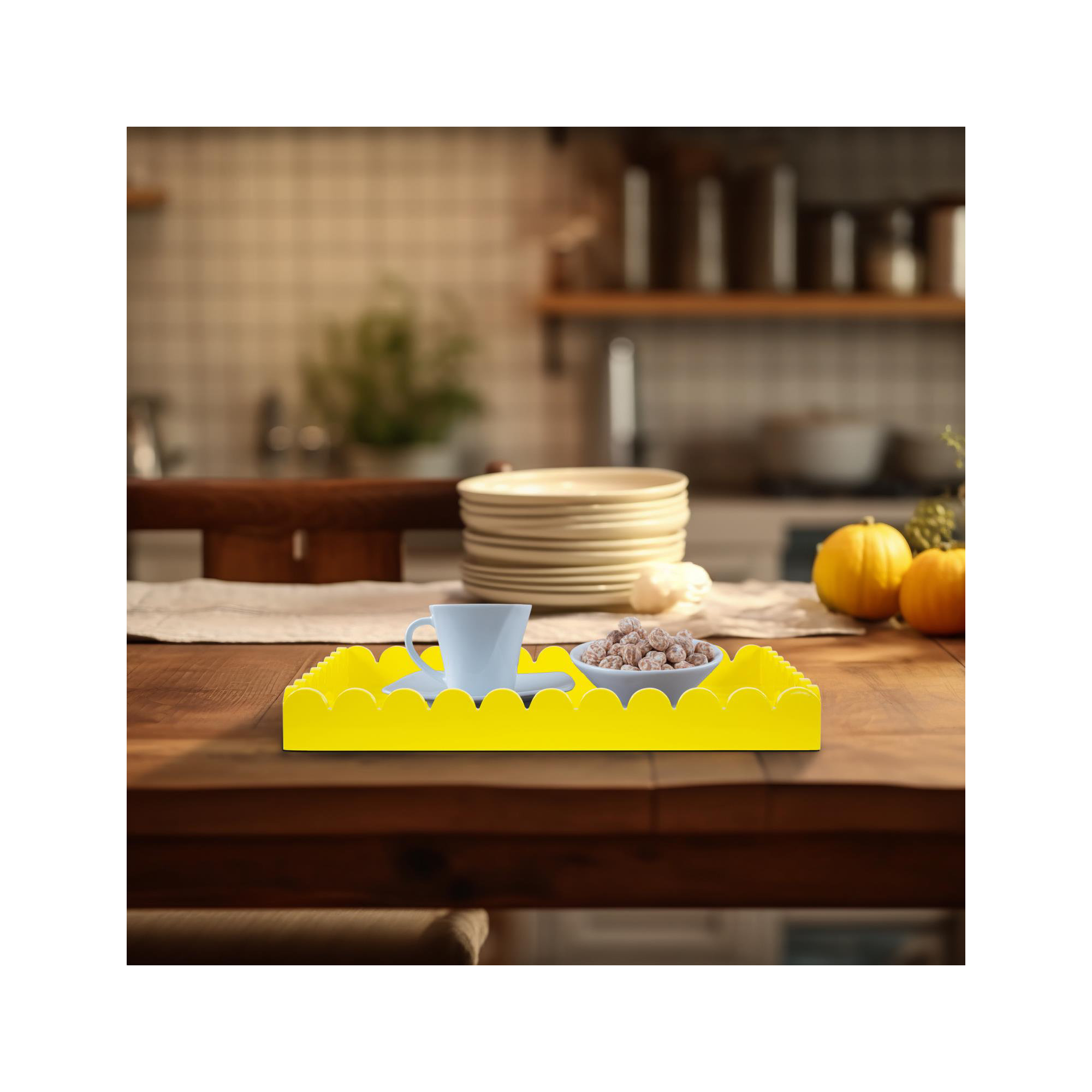 Hindley Hand-Crafted Rectangular Scalloped Wood Tray, Yellow