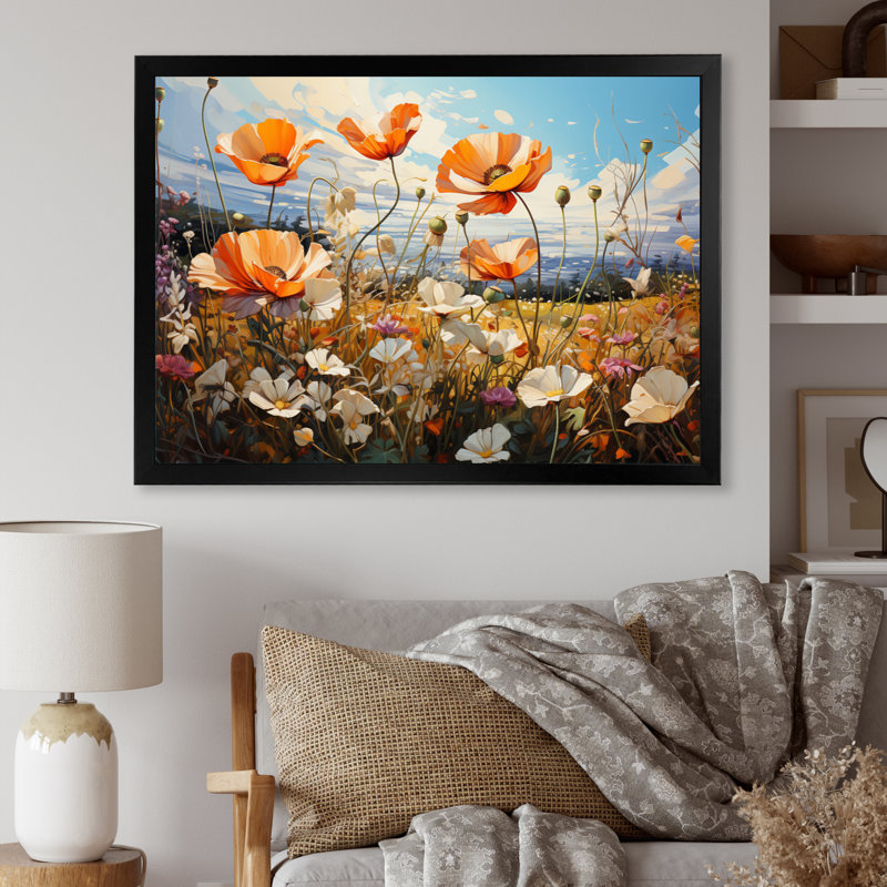 «Peach Sunkissed Petals Wildflowers II», reproduction sur toile, H 12 po x l 20 po x P 1 po, Cadre simple noir
