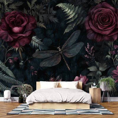 Dark Red Rose & Dragonfly Wall Art Wallpaper – Gothic Botanical Print