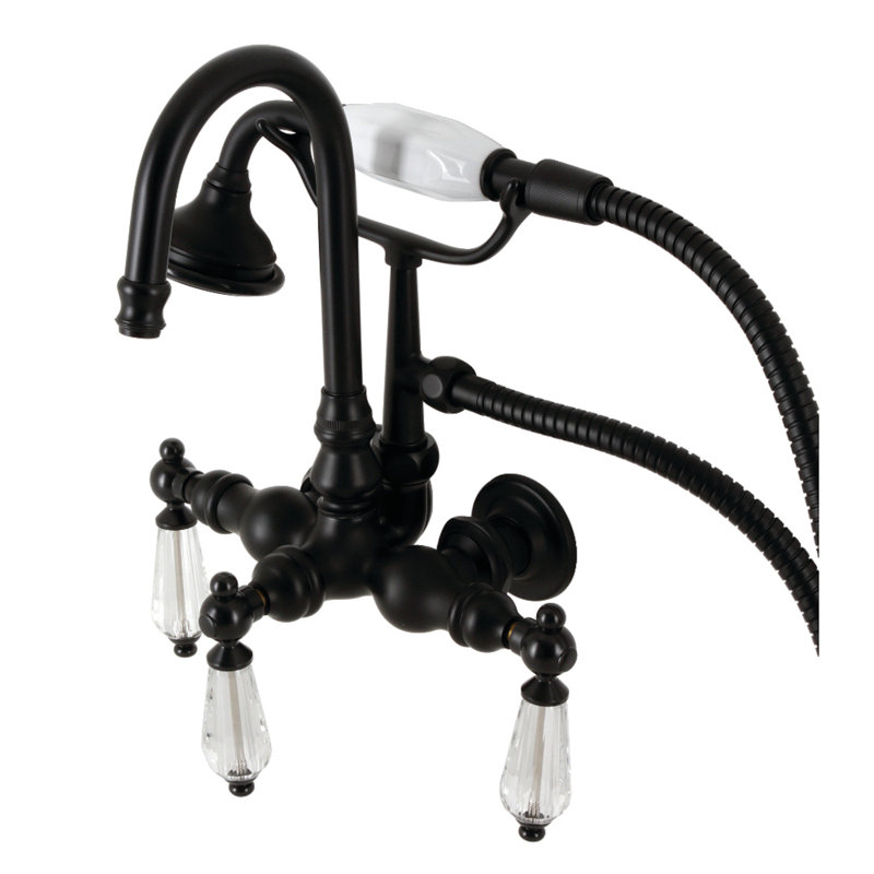 Kingston Brass Wilshire Three-Handle 2-Hole Tub Wall Mount Clawfoot Tub Faucet with Hand Shower, Matte Black