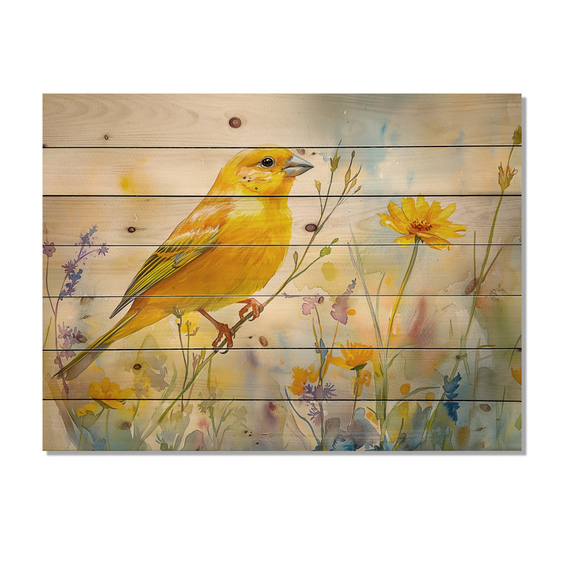 Oiseau pinson sur une tige de fleur sauvage I - Décoration murale en bois d'oiseau - sur bois de pin naturel