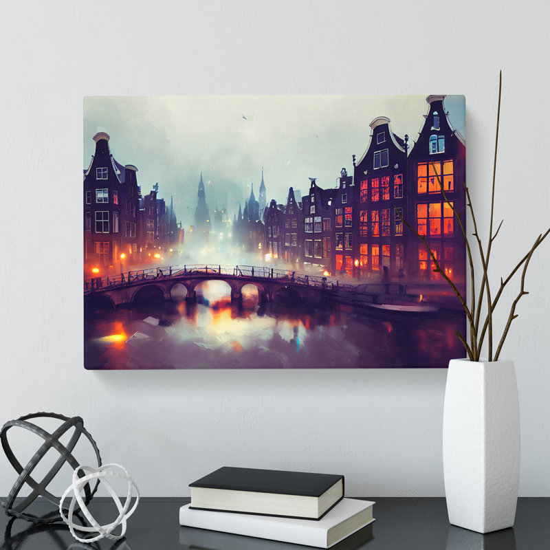 Amsterdam Canal At Night - Wrapped Canvas Print, 50cm H x 76cm W x 3cm D