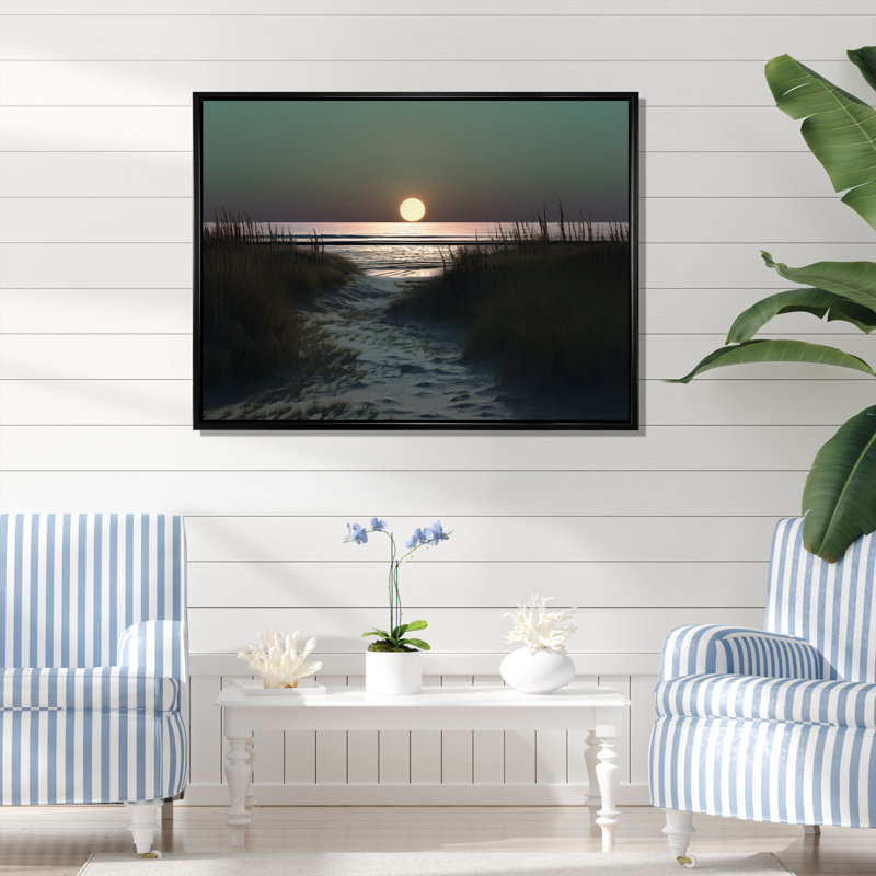 Pleine lune se levant à travers l'herbe de la plage I sur toile, H 30 po x l 40 po x P 1,5 po, Cadre flottant noir