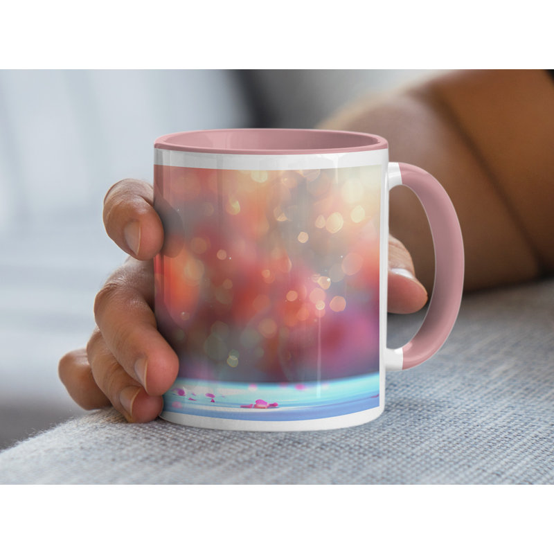 Set of 2 3D Design 11oz Accent Mugs – Ceramic Coffee Cups with a Pink Handle and Interior