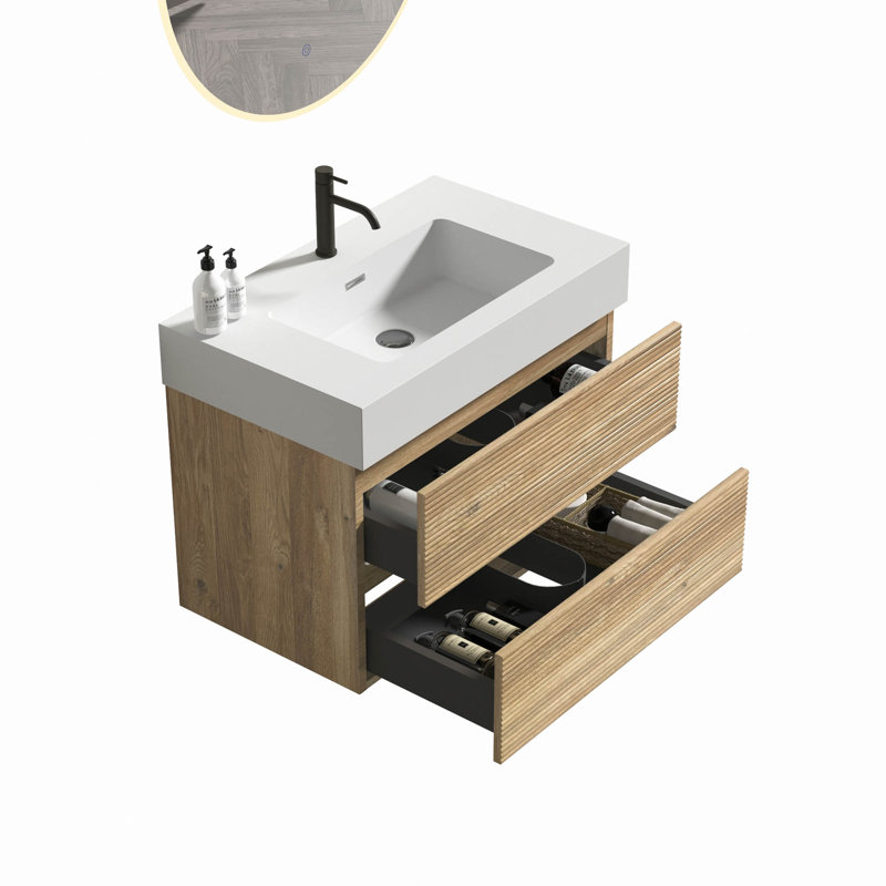 Meuble-lavabo 30 en chêne brut + chêne brut avec lavabo à quartz blanc et tiroirs souples, meuble-lavabo mural flottant pour salle de bain moderne, sans drain ni robinet, KD