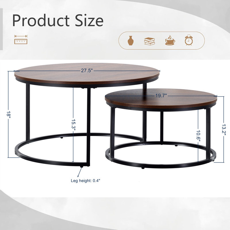 Iysiss Round Modern Nesting Coffee (Set of 2), Stacking Living Room Accent Tables with Tabletops and Metal Frame, Brown