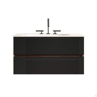 Meuble-lavabo mural noir et noyer de 36 po avec lavabo intégré en céramique à 3 trous, avec trop-plein, meuble-lavabo flottant avec rangement pour salle de bain moderne, KD