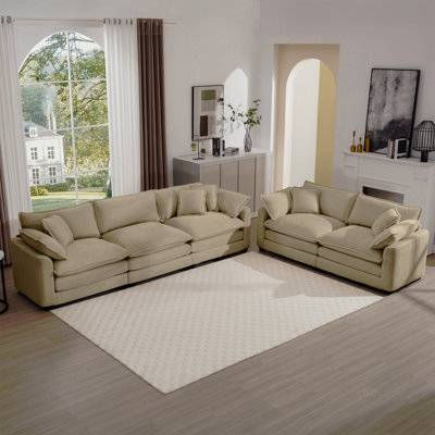 Ensemble de canapé de salon en tissu moderne deux pièces, deux canapés 2 places avec grand fauteuil inclinable à 8 coussins, tissu velours côtelé brun clair