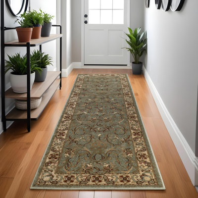Tapis d'intérieur vert à motif floral et à volute de style oriental traditionnel