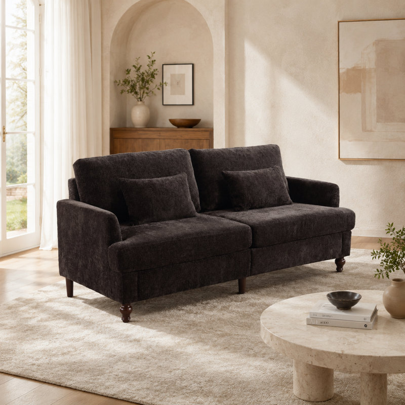 Modern Chenille Fabric Loveseat Sofa with Pillows, Breathable Upholstery and Wood Legs for Living Room, Black