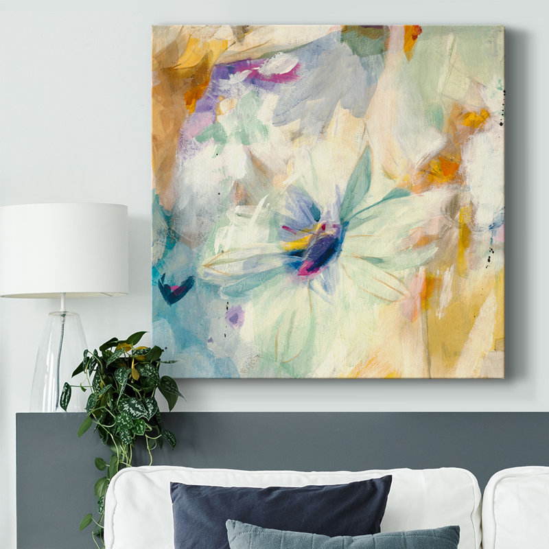 Mélange de fleurs bleues II - peinture sur toile tendue, H 16 po x l 16 po x P 1,5 po