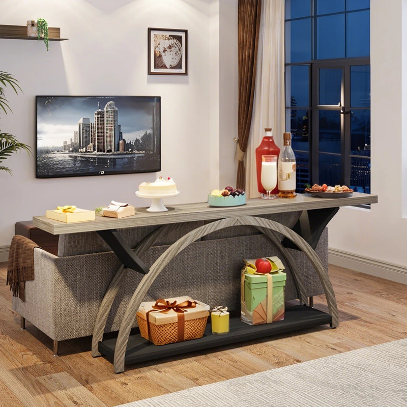 2-Tier Console Table, 70.86" Entryway Table with Half Moon Frame, Gray
