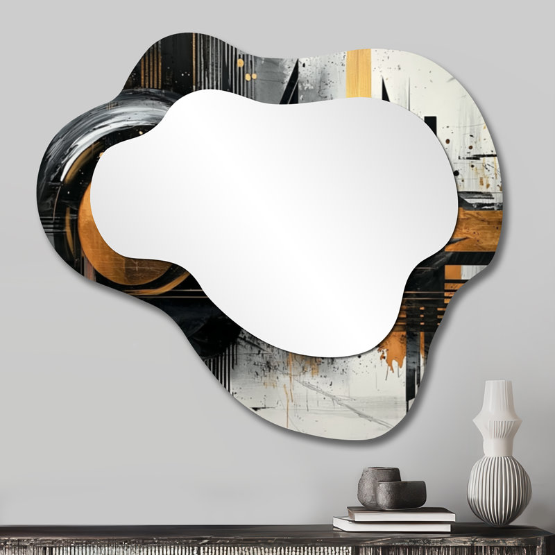 Dark Transition Golden Shifting Horizons I - Abstract Irregular Asymmetrical Mirror, Modern Wall Mirror, Printed on Metal