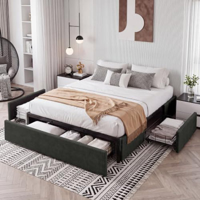 Full Size Bed Frame with 3 Underbed Storage Drawers Dark Gray