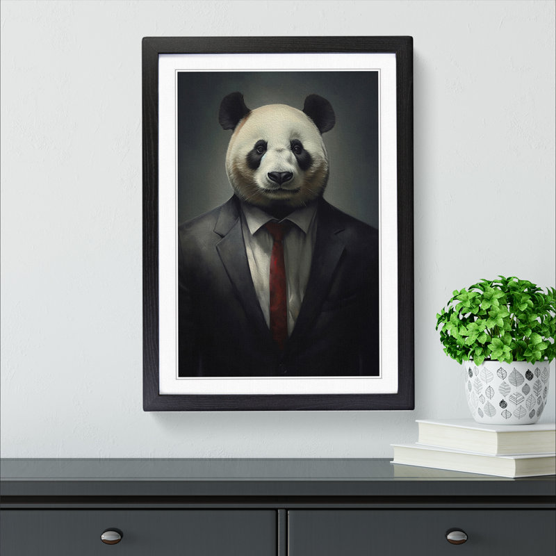 Panda In A Suit No.2 - Single Picture Frame Print on Wood, 34cm H x 25cm W x 2cm D, Black 